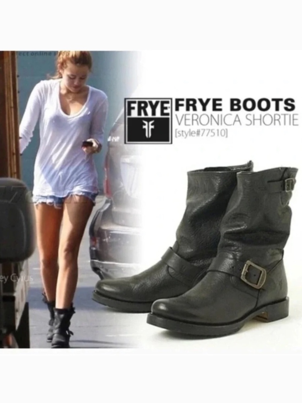 FRYE VERONICA BLACK LEATHER BUCKLE BIKER BOOTS SIZE 7B - Picture 2 of 13